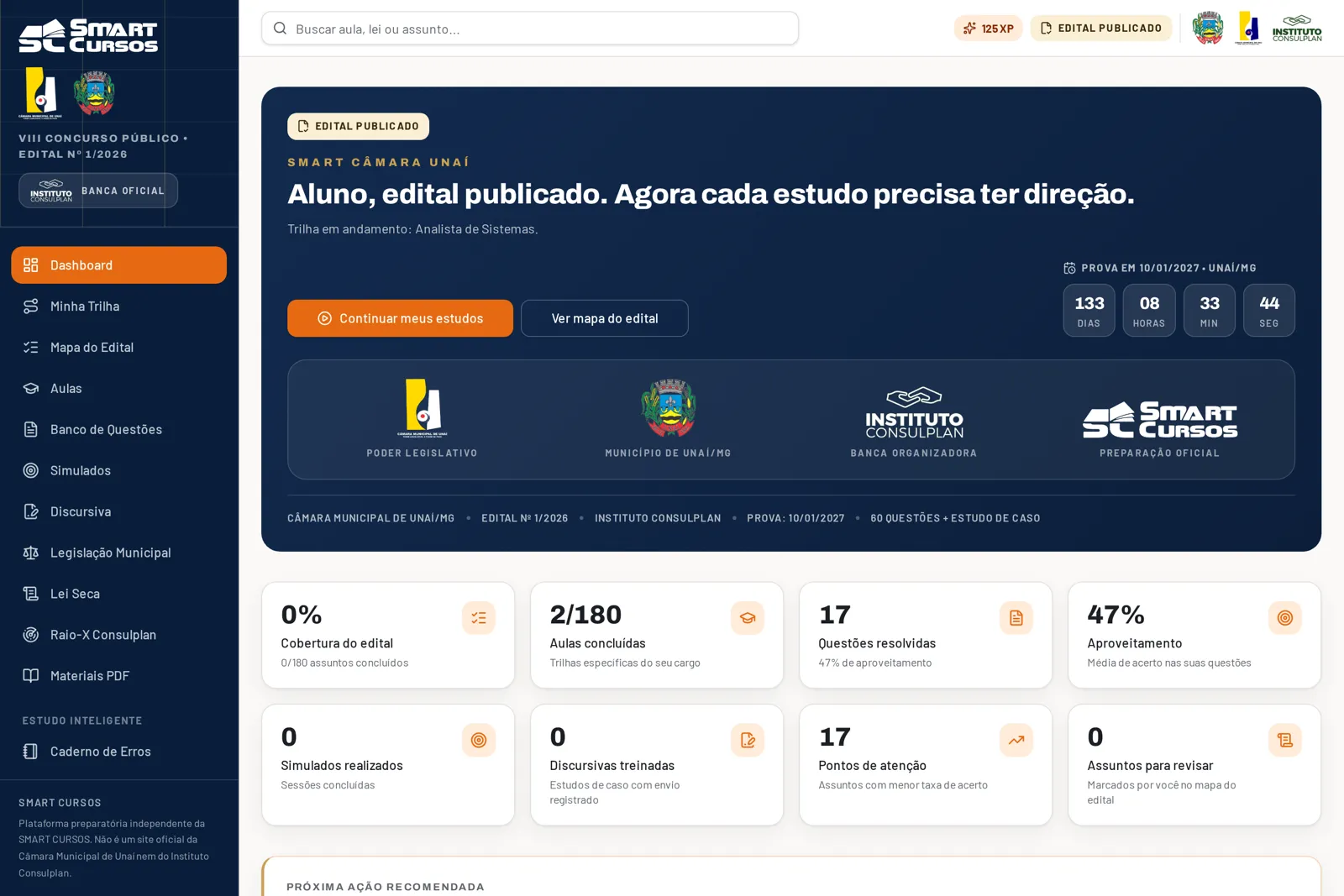 Tela real da plataforma SMART: Minha Trilha e painel do aluno